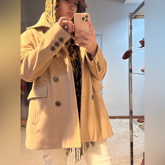 Ellen Tracy Tan Double-Breasted Coat wool cashmere pea coat size 16 - Picture 2 of 11